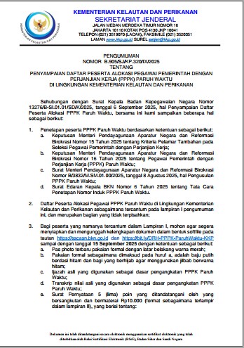 PENGUMUMAN TENTANG PENYAMPAIAN DAFTAR PESERTA ALOKASI PPPK PARUH WAKTU DI LINGKUNGAN KKP
